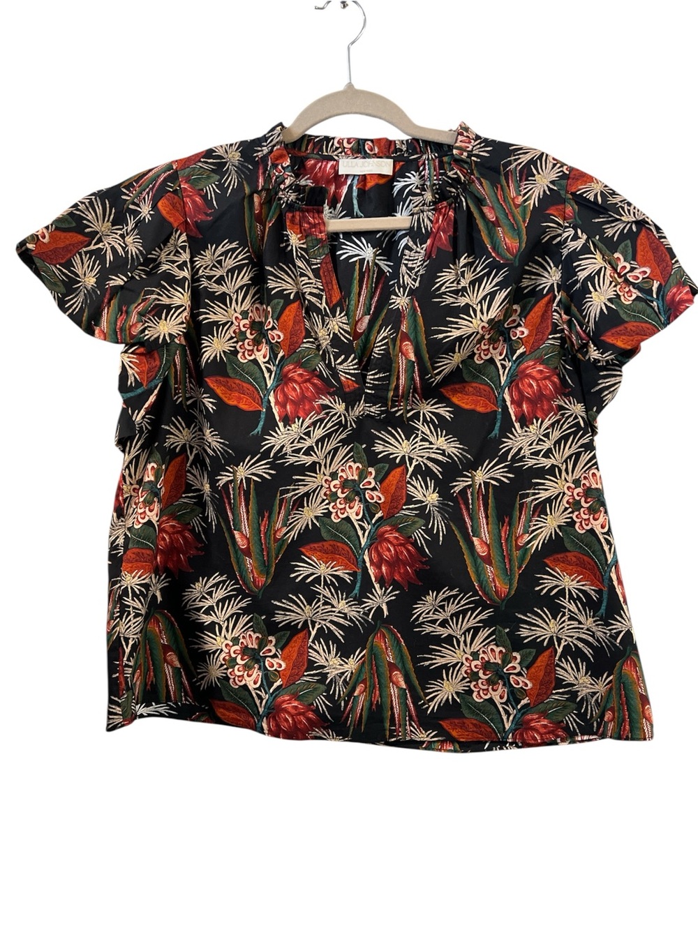 ULLA JOHNSON Women’s Floral V-Neck Short Sleeve Top - Black with Red & Green